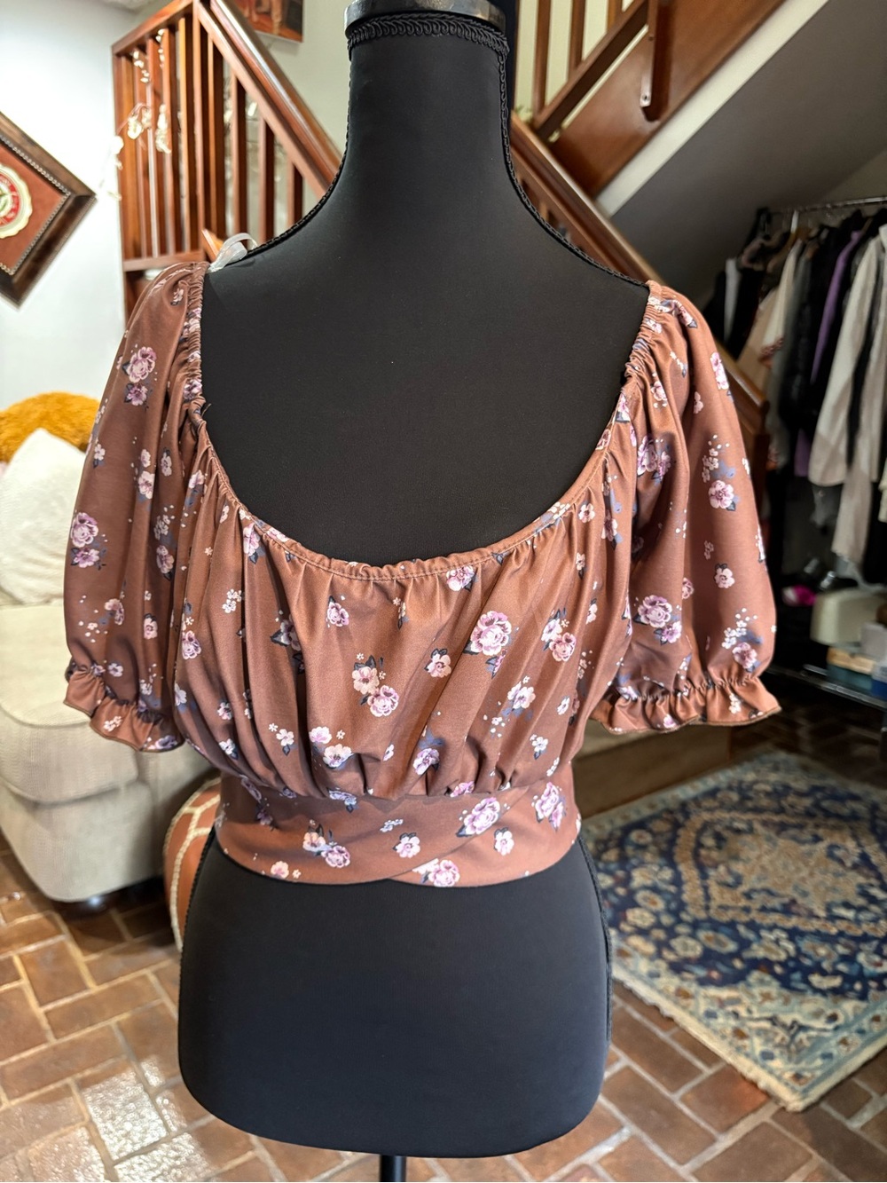 Altar’d State Brown Floral Puff-Sleeve Crop Top